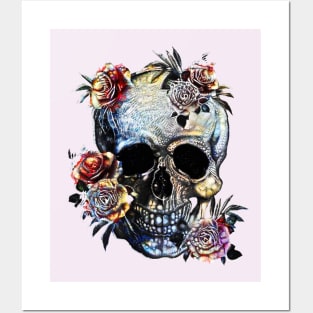 Skull and pink roses, sugar skulls and roses Posters and Art